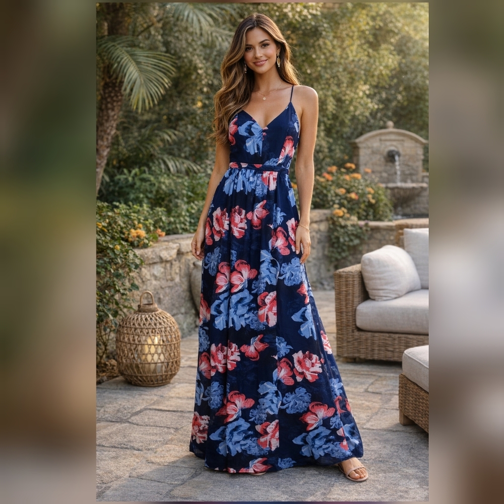1 State Navy Floral Maxi Dress XS Pink Blue Roses